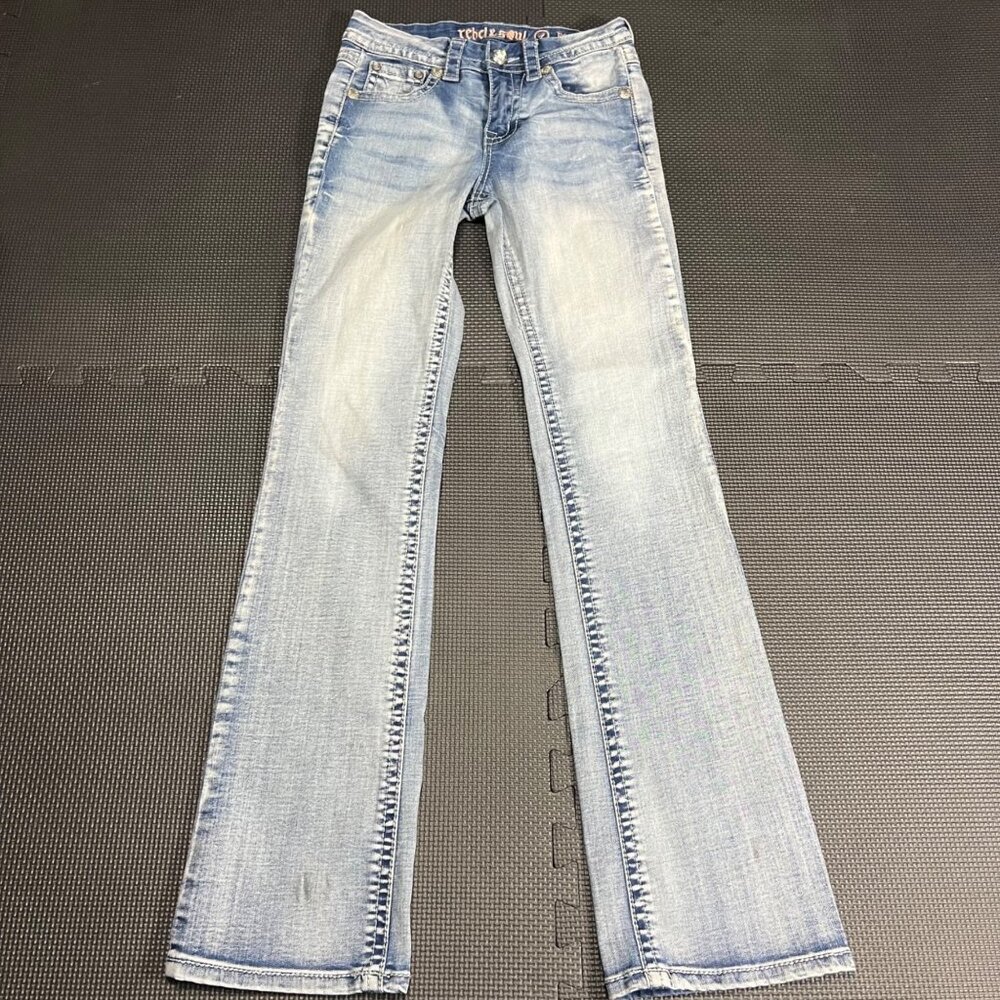Rebel & Soul Bootcut Embellished Jeans With Fleur-De-Lis Details Faded Blue Wash